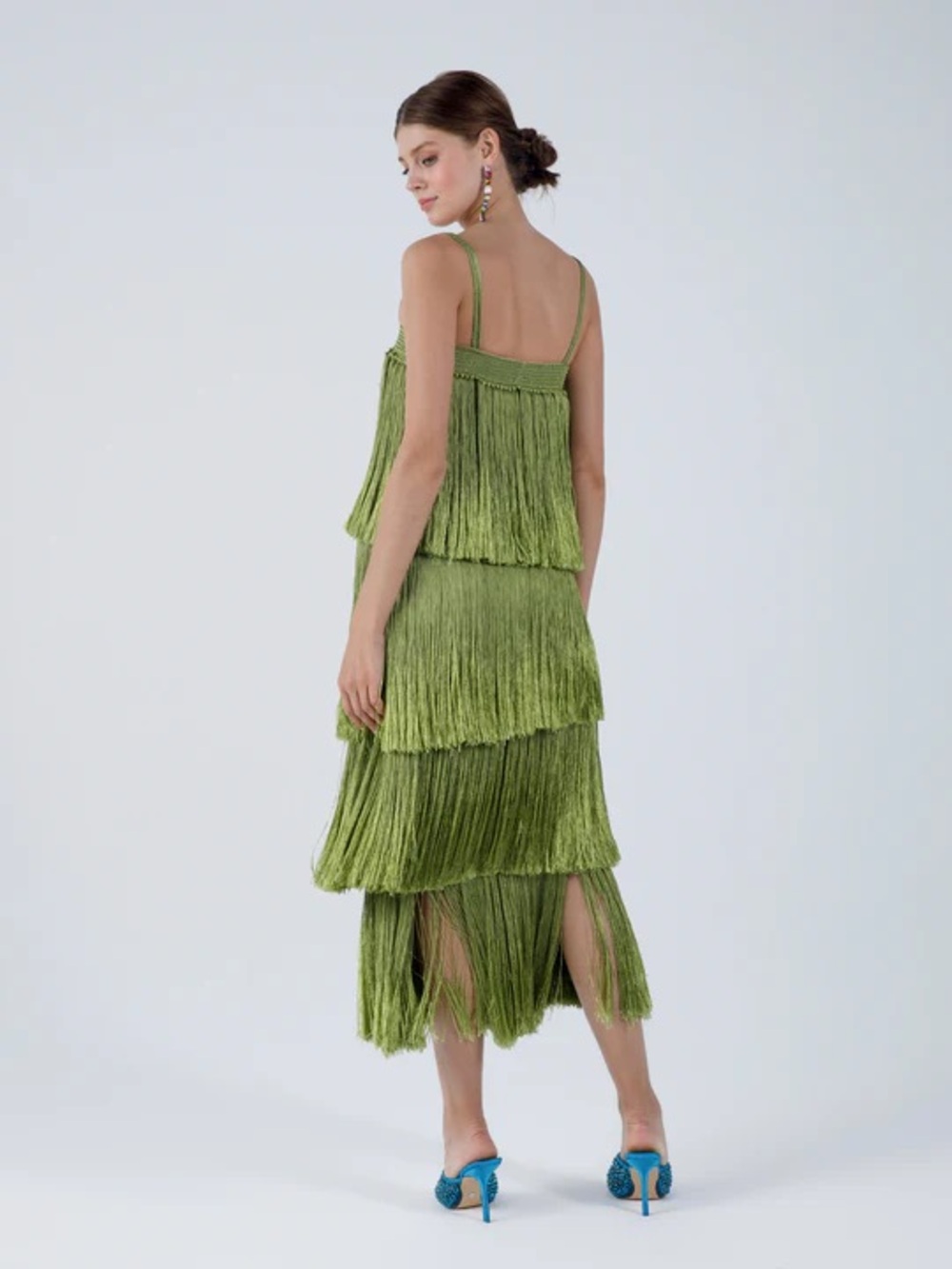 My Beachy Side Angelica Fringed Chartreuse Green Layered Maxi Dress $825 MSRP